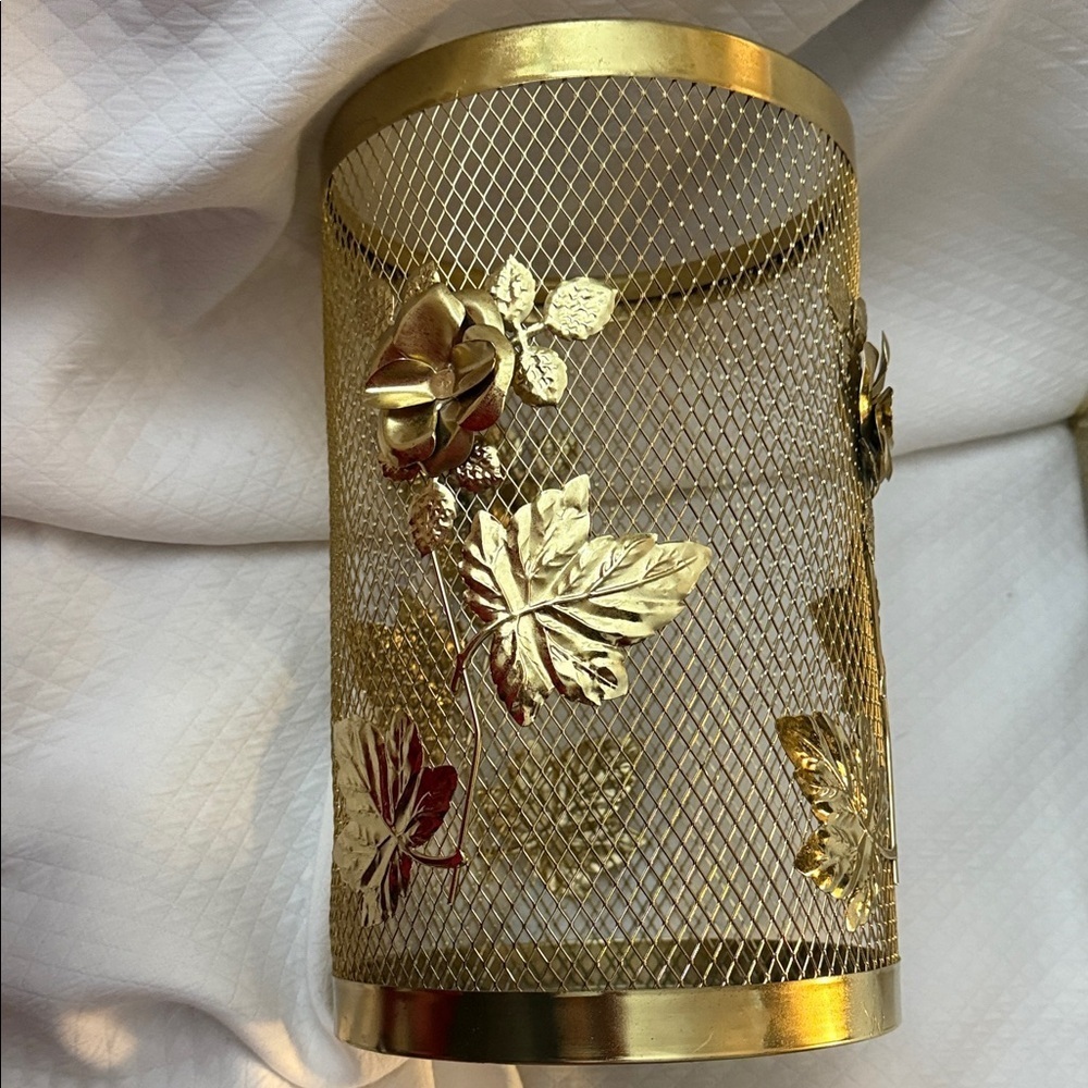 Vintage Hollywood Regency Gold Mesh Wastebasket & Tissue Box Cover Ornate Floral - Picture 14 of 15